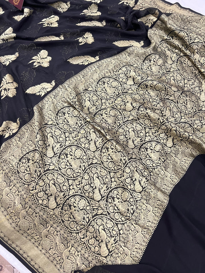 Black Banarasi Khaddi Georgette Saree - Aura Benaras