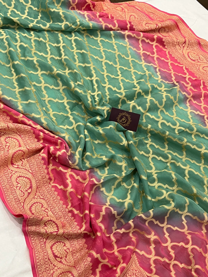 Green-Strawberry Pink Shaded Banarasi Handloom Pure Georgette Silk Saree - Aura Benaras
