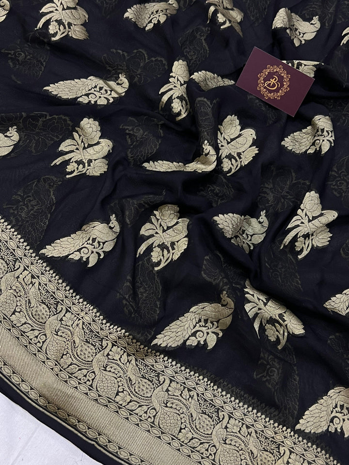 Black Banarasi Khaddi Georgette Saree - Aura Benaras