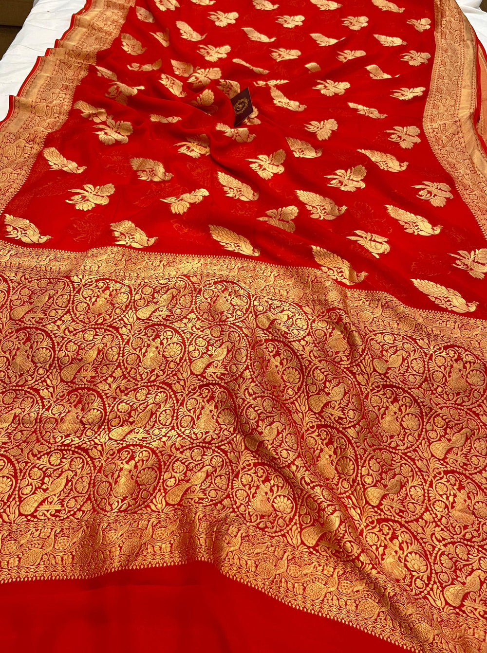 Orange Banarasi Khaddi Georgette Saree - Aura Benaras