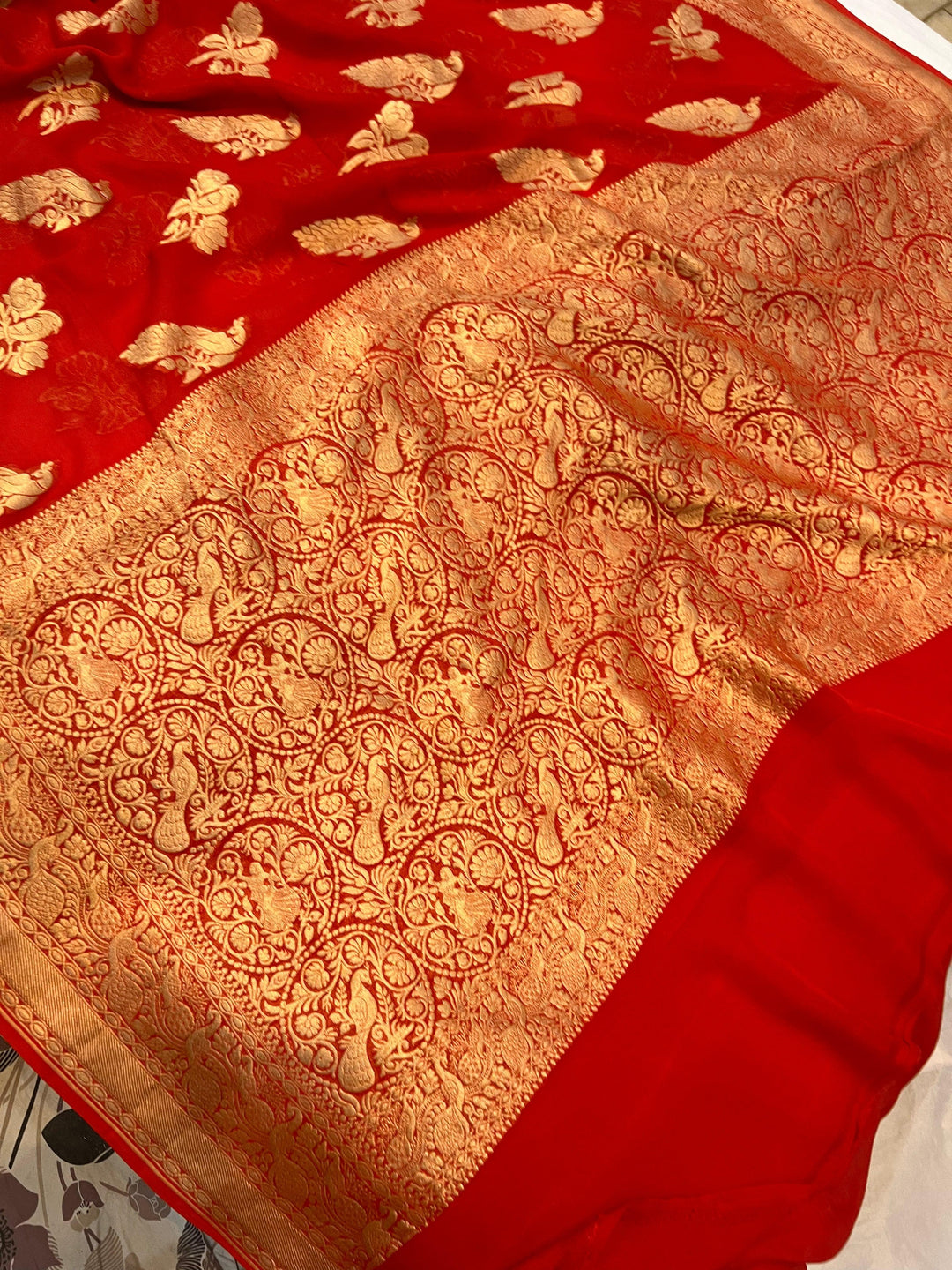Orange Banarasi Khaddi Georgette Saree - Aura Benaras
