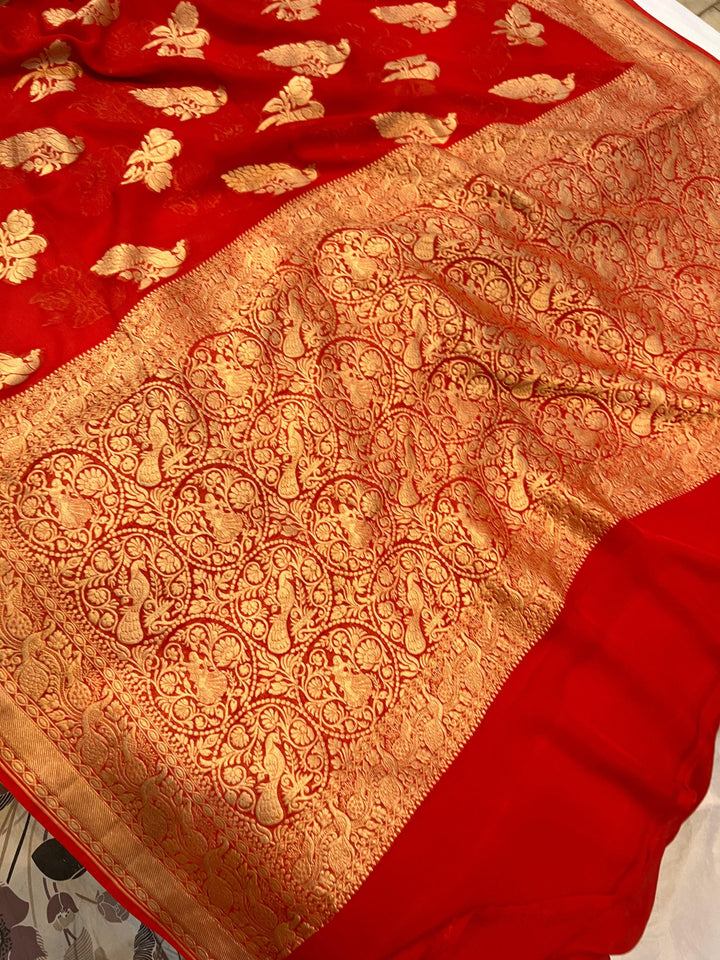 Orange Banarasi Khaddi Georgette Saree - Aura Benaras