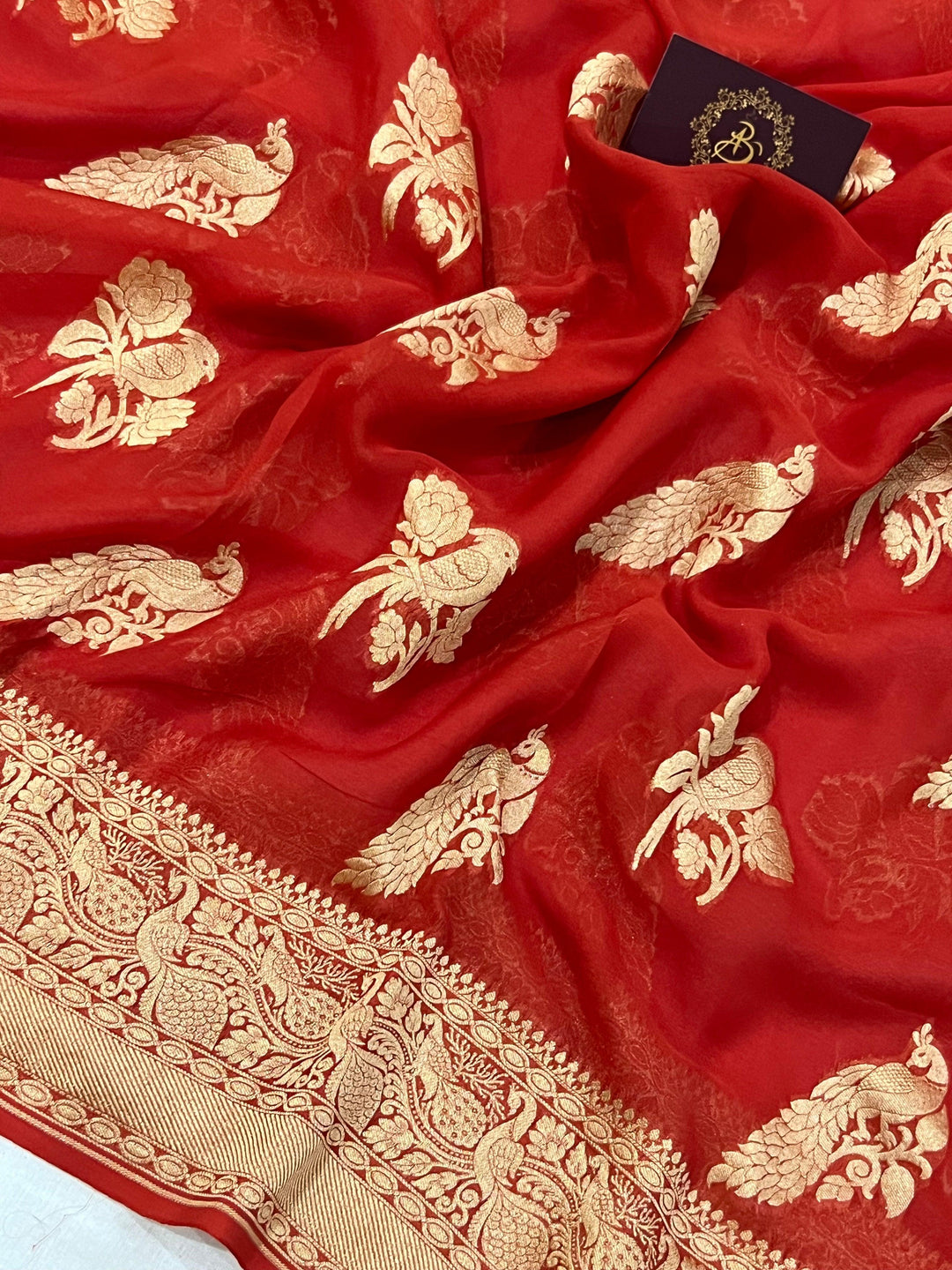 Orange Banarasi Khaddi Georgette Saree - Aura Benaras