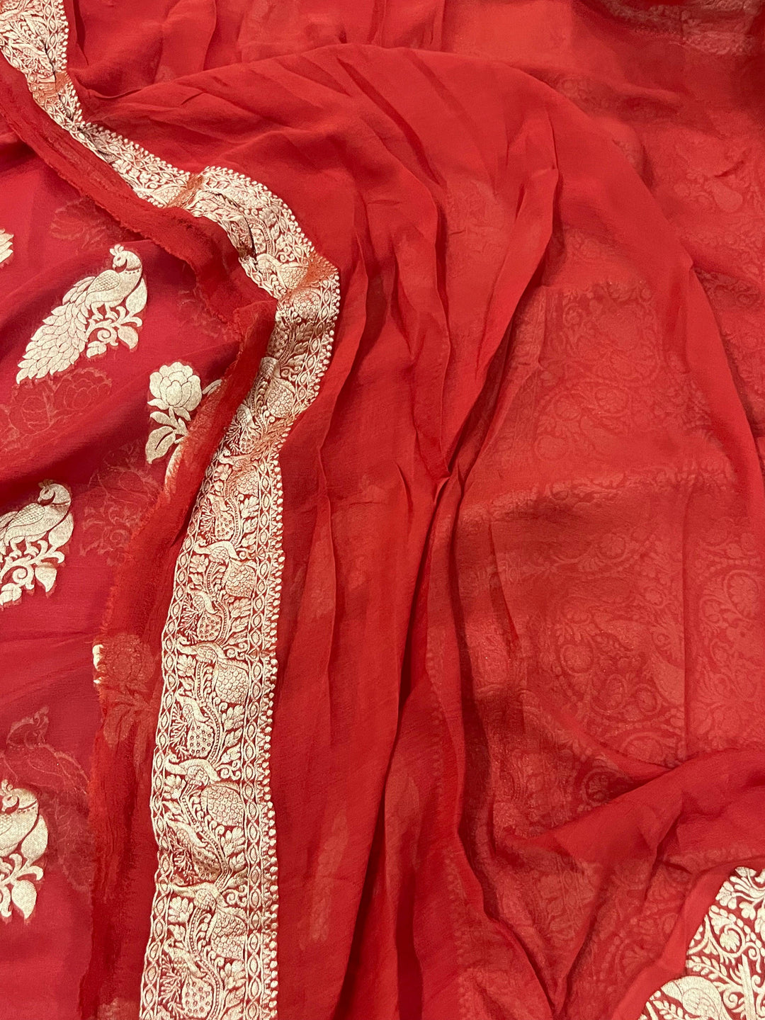 Orange Banarasi Khaddi Georgette Saree - Aura Benaras