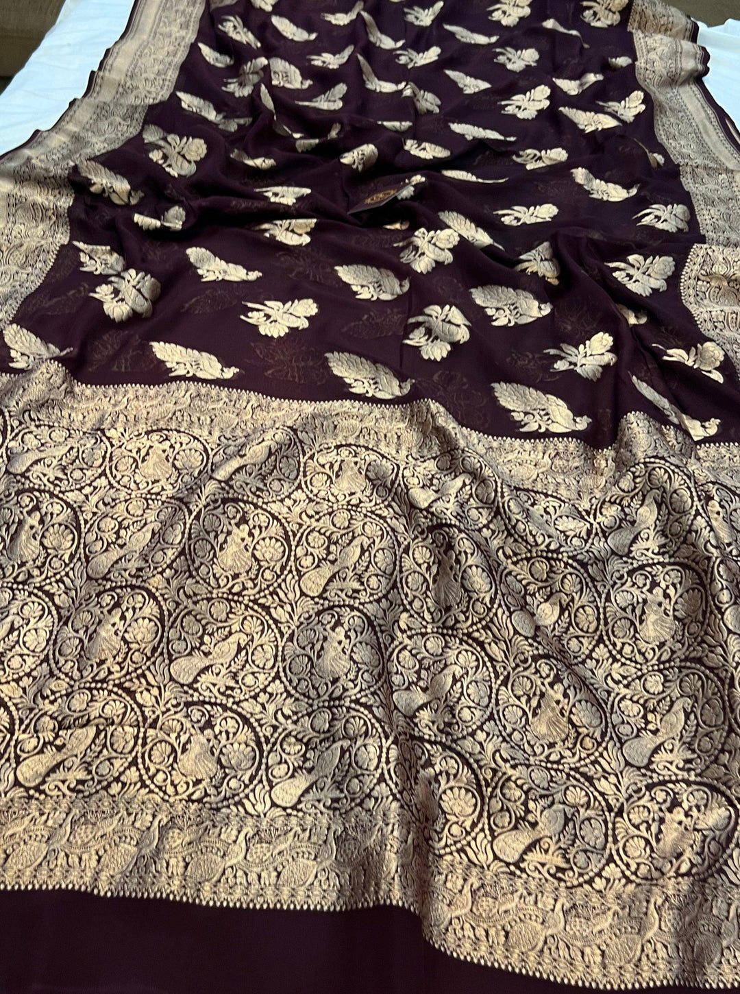 Brown Banarasi Khaddi Georgette Saree - Aura Benaras