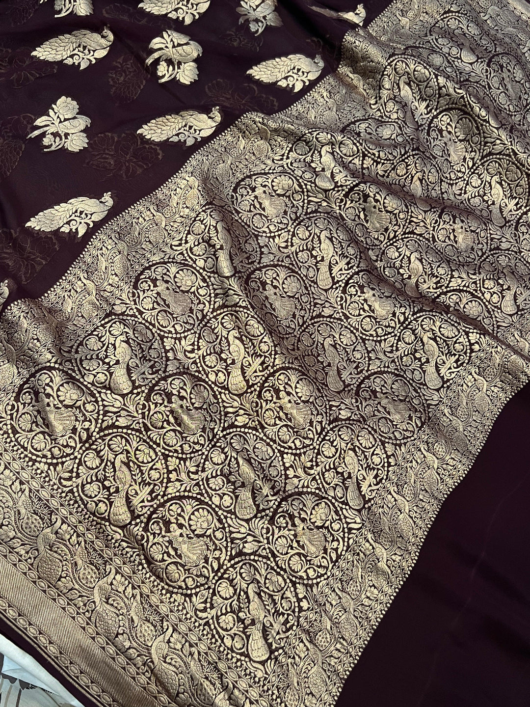 Brown Banarasi Khaddi Georgette Saree - Aura Benaras