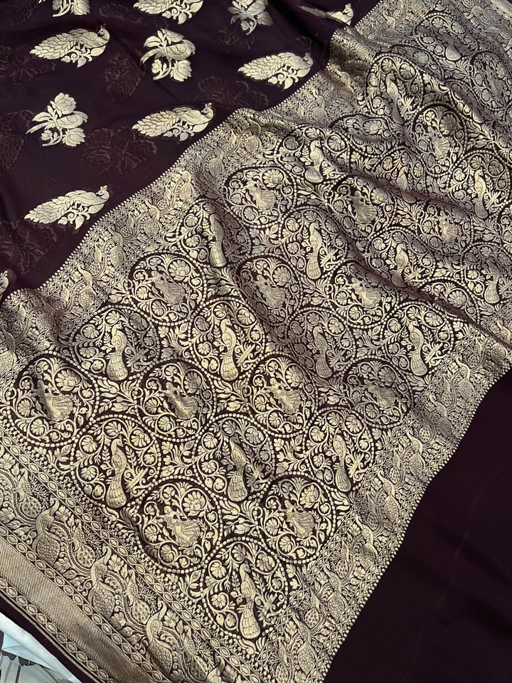 Brown Banarasi Khaddi Georgette Saree - Aura Benaras