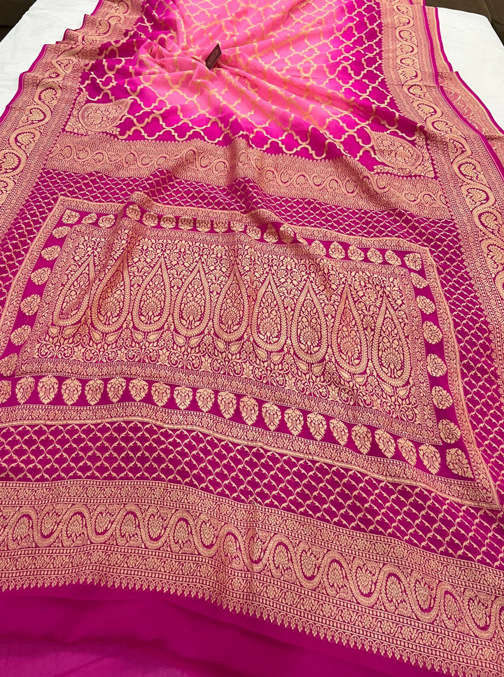 Pink Shaded Banarasi Handloom Pure Georgette Silk Saree - Aura Benaras