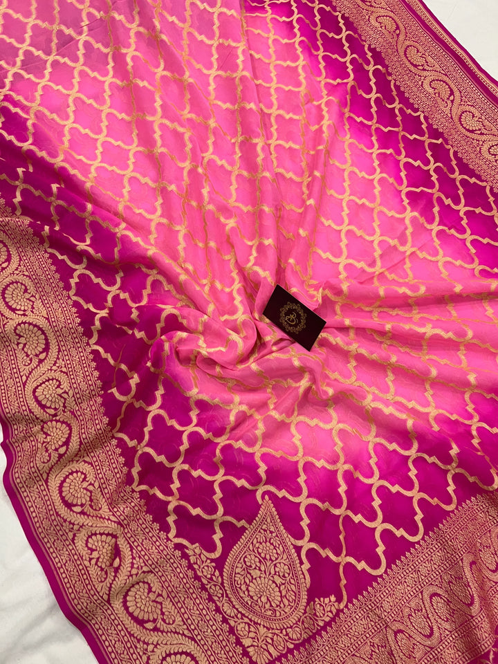 Pink Shaded Banarasi Handloom Pure Georgette Silk Saree - Aura Benaras