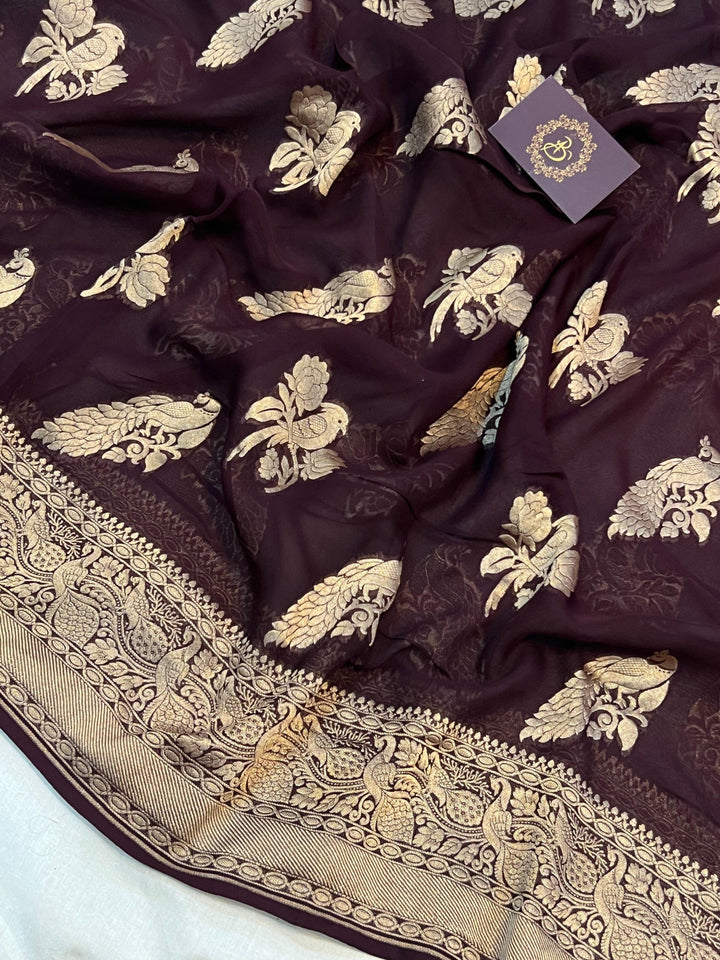 Brown Banarasi Khaddi Georgette Saree - Aura Benaras