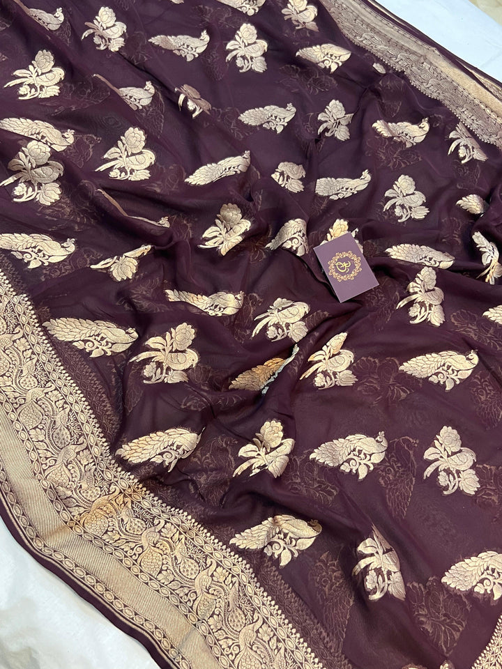 Brown Banarasi Khaddi Georgette Saree - Aura Benaras