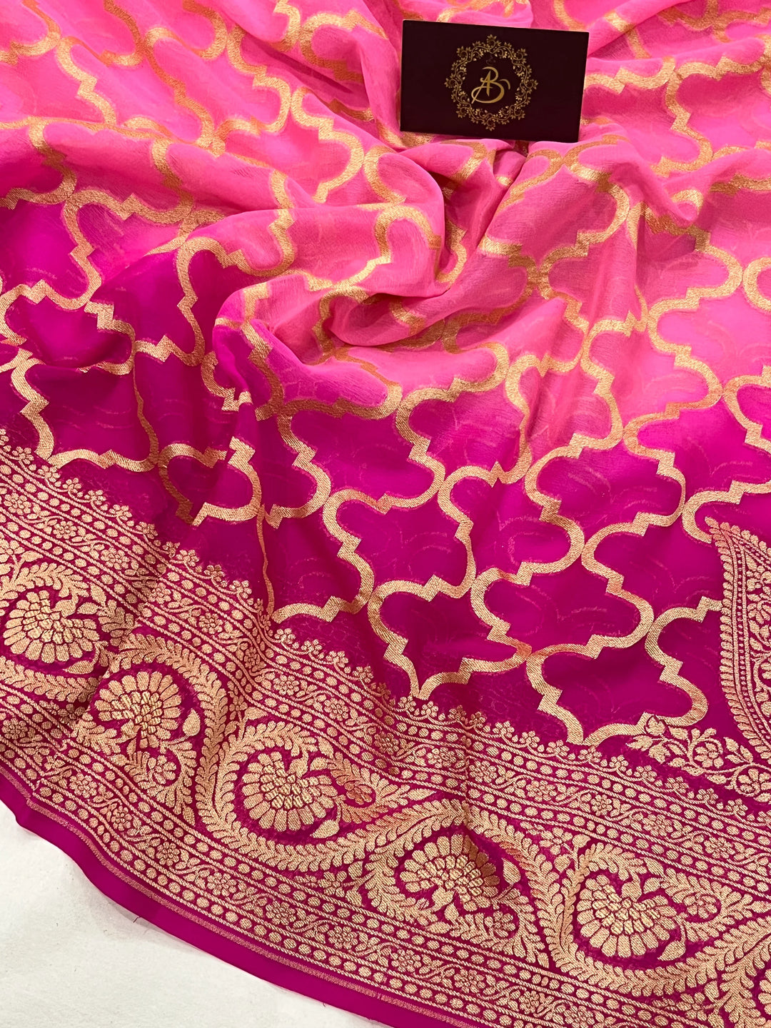 Pink Shaded Banarasi Handloom Pure Georgette Silk Saree - Aura Benaras