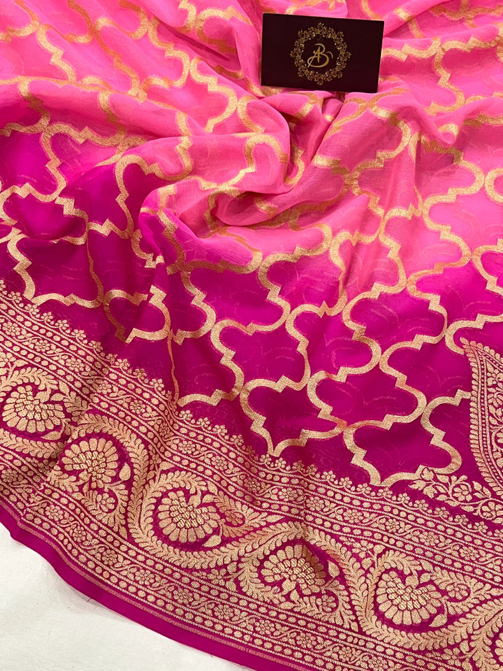 Pink Shaded Banarasi Handloom Pure Georgette Silk Saree - Aura Benaras