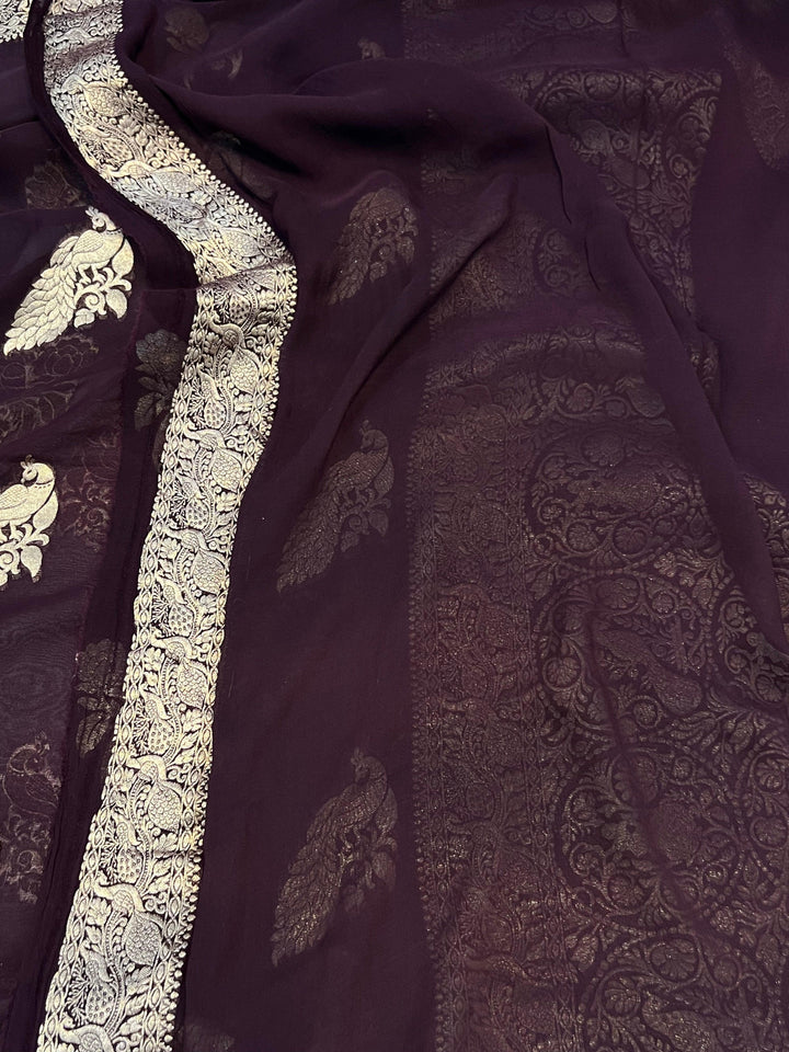 Brown Banarasi Khaddi Georgette Saree - Aura Benaras