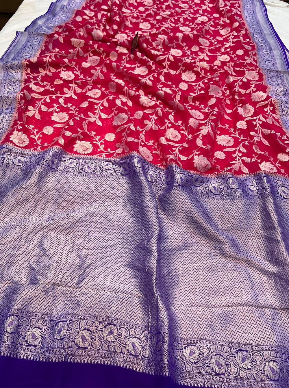 Cherry Red Banarasi Handloom Pure Khaddi Georgette Saree - Aura Benaras