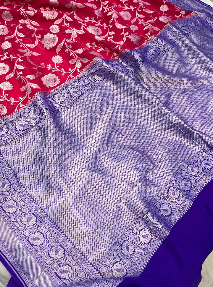 Cherry Red Banarasi Handloom Pure Khaddi Georgette Saree - Aura Benaras