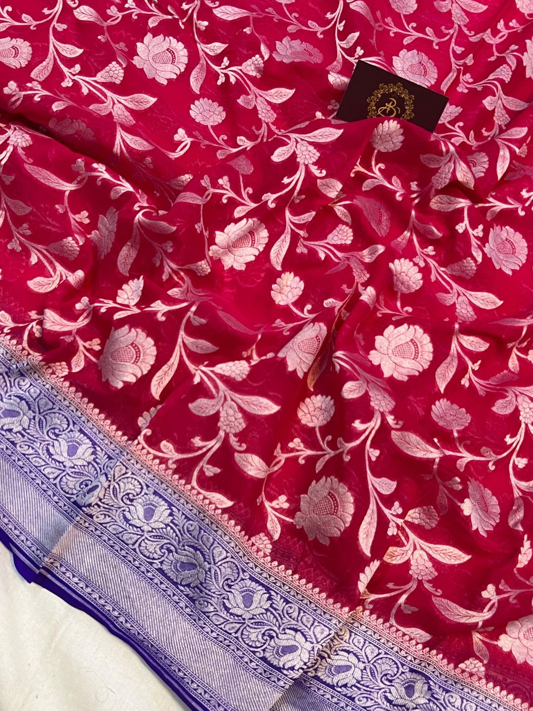 Cherry Red Banarasi Handloom Pure Khaddi Georgette Saree - Aura Benaras