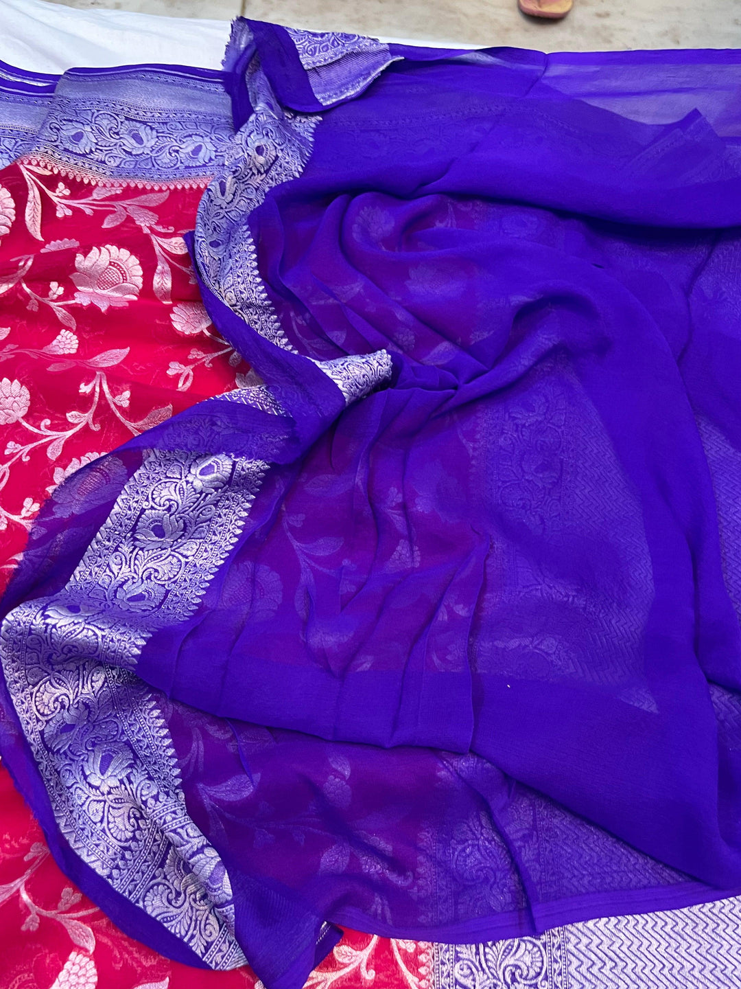 Cherry Red Banarasi Handloom Pure Khaddi Georgette Saree - Aura Benaras