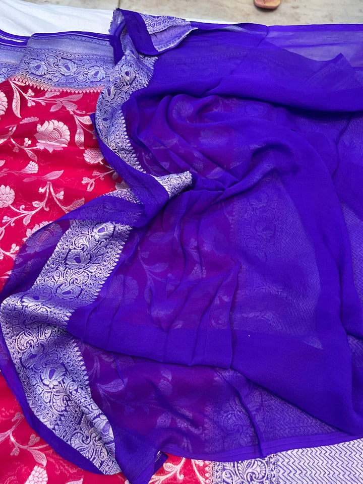 Cherry Red Banarasi Handloom Pure Khaddi Georgette Saree - Aura Benaras