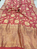 Peachish Pink Banarasi Khaddi Tissue Georgette Silk Saree - Aura Benaras
