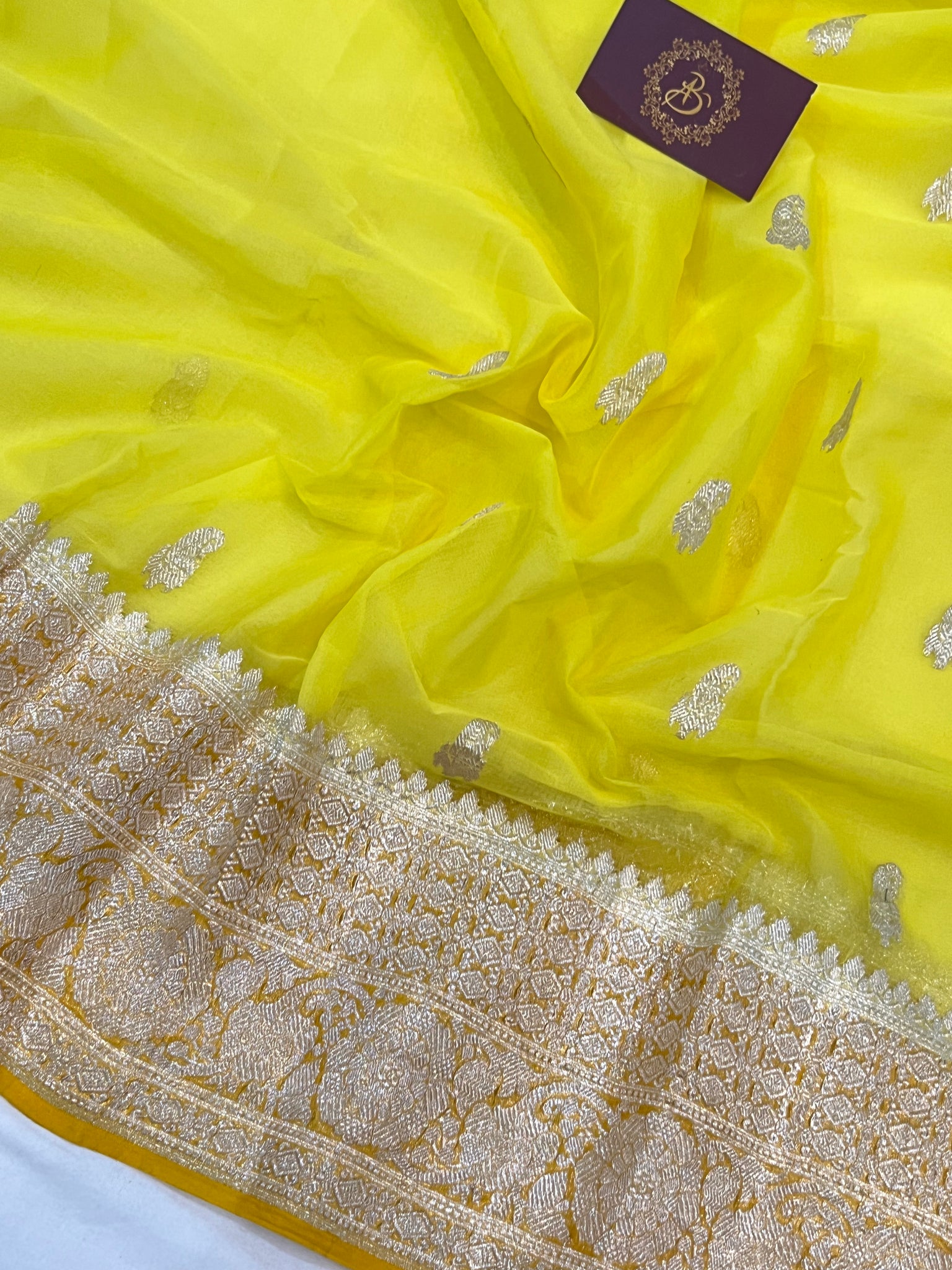 Lemon Yellow woven chiffon Phulkari Saree - Phulkari Dupatta - 3103670