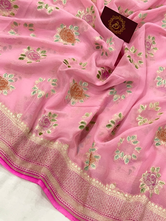 Baby Pink Rangkaat Pure Banarasi Khaddi Georgette Saree - Aura Benaras