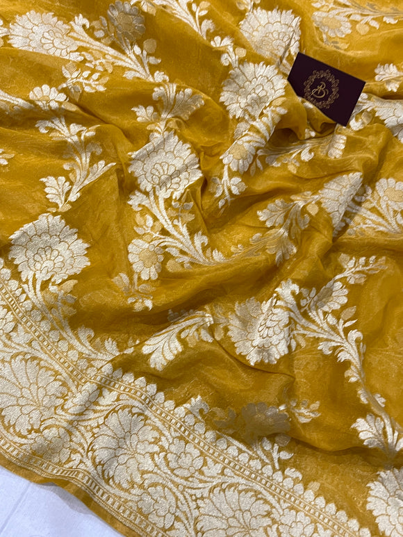 Yellow Banarasi Khaddi Tissue Georgette Silk Saree - Aura Benaras