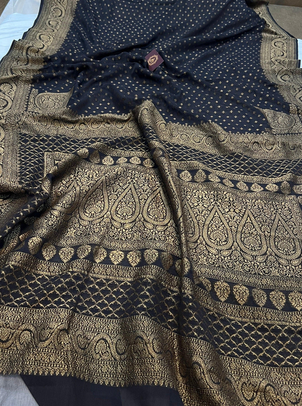 Black Pure Banarasi Khaddi Georgette Saree - Aura Benaras