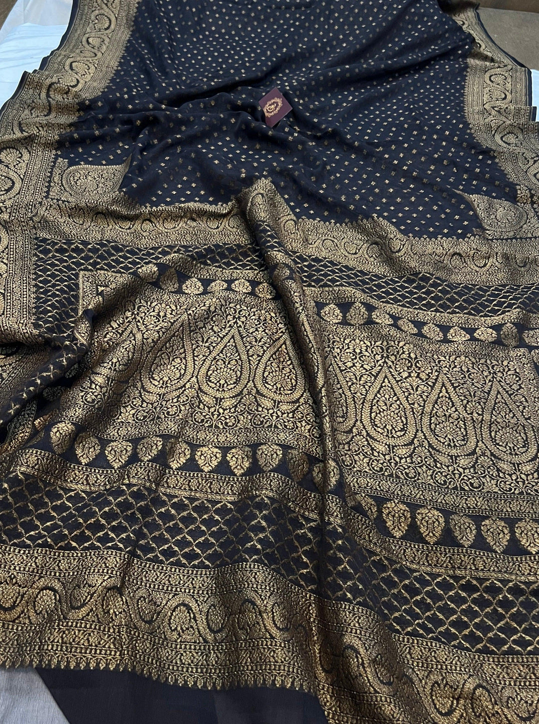 Black Pure Banarasi Khaddi Georgette Saree - Aura Benaras