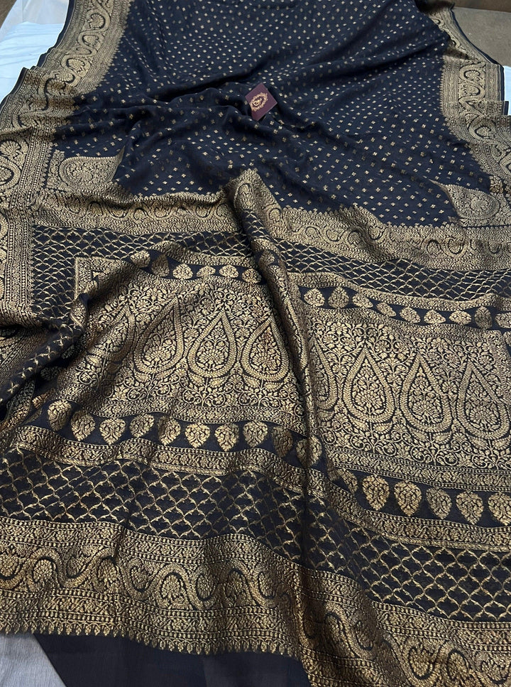Black Pure Banarasi Khaddi Georgette Saree - Aura Benaras