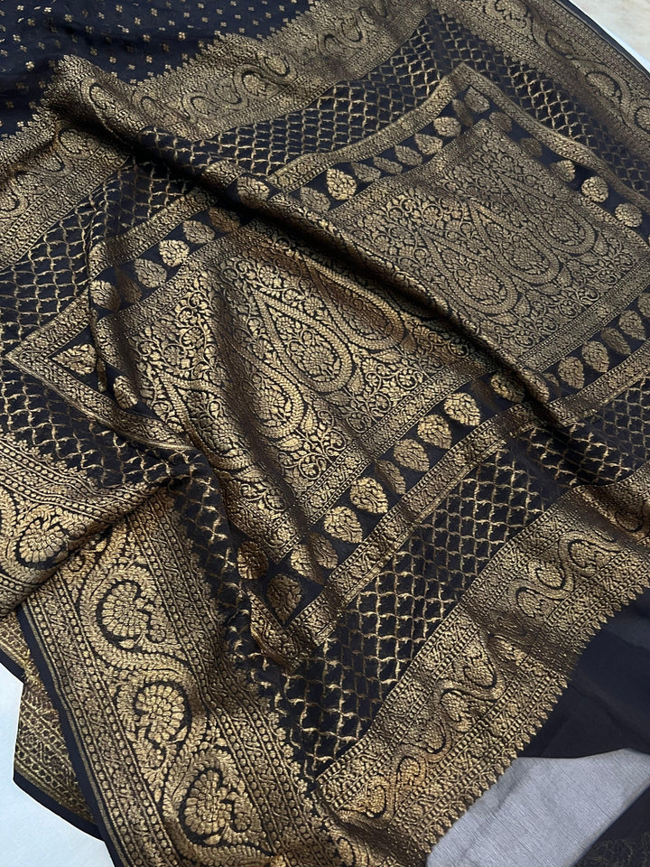 Black Pure Banarasi Khaddi Georgette Saree - Aura Benaras