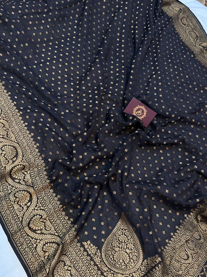 Black Pure Banarasi Khaddi Georgette Saree - Aura Benaras