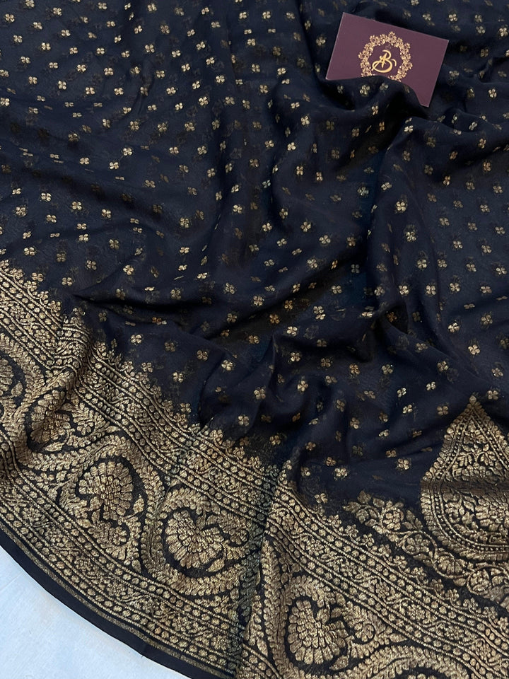 Black Pure Banarasi Khaddi Georgette Saree - Aura Benaras