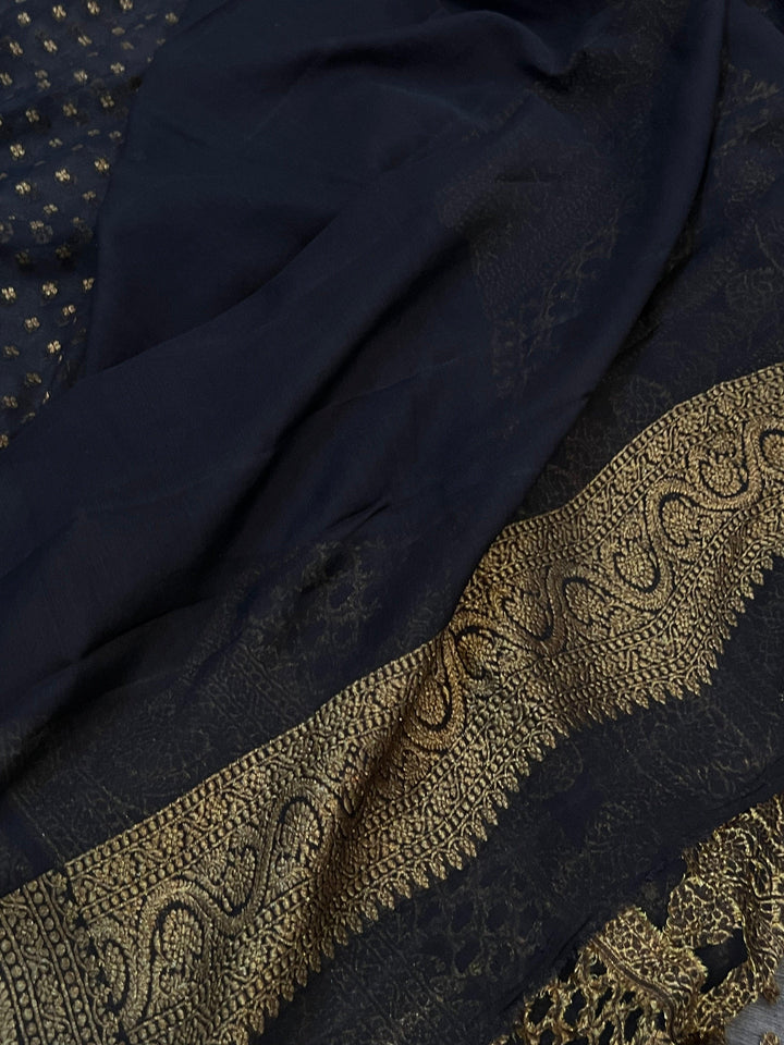 Black Pure Banarasi Khaddi Georgette Saree - Aura Benaras
