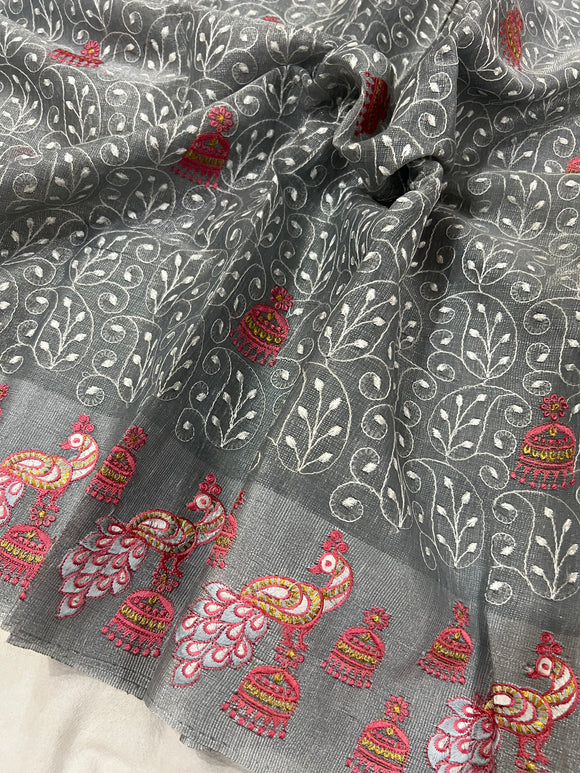 Grey Banarasi Handloom Art Tissue Silk Saree - Aura Benaras