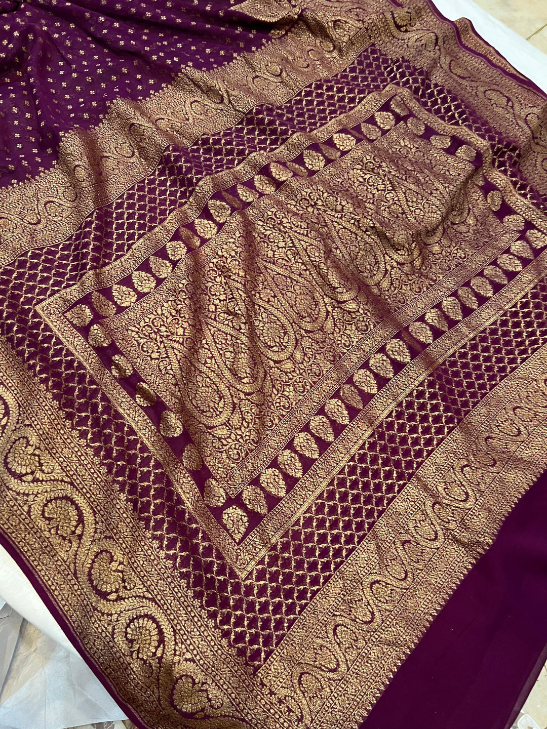 Wine Pure Banarasi Khaddi Georgette Saree - Aura Benaras