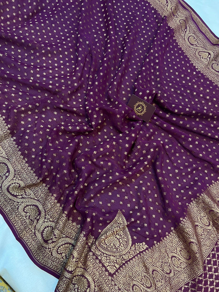 Wine Pure Banarasi Khaddi Georgette Saree - Aura Benaras