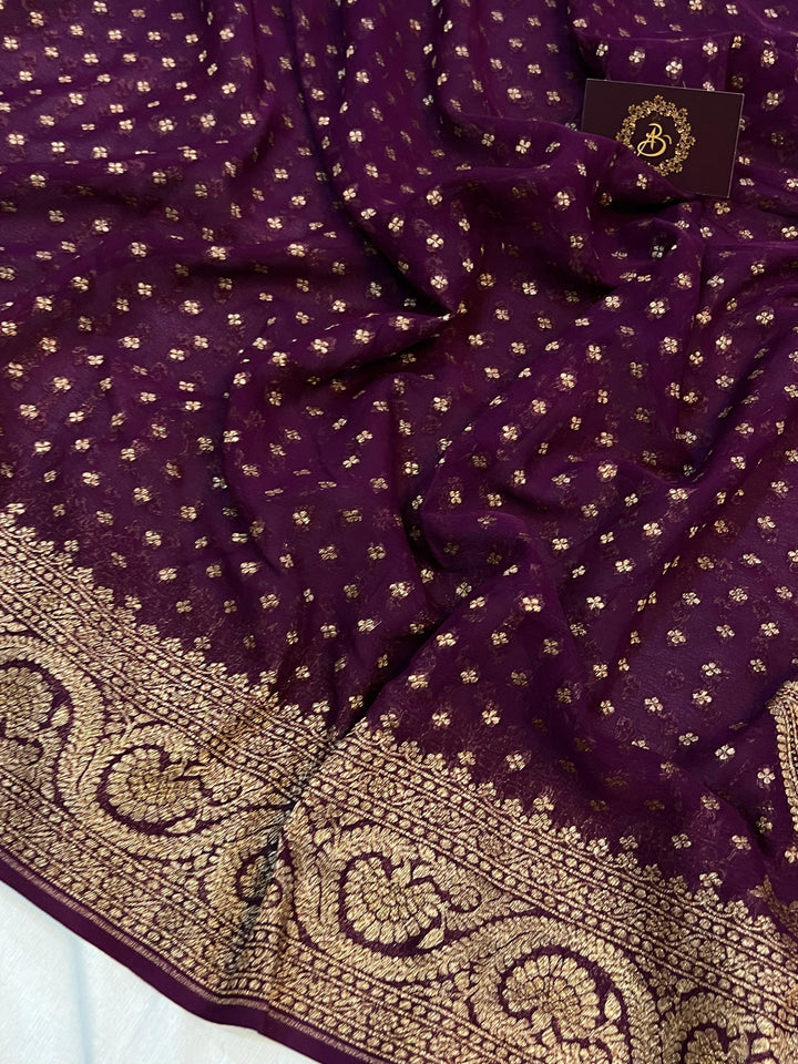 Wine Pure Banarasi Khaddi Georgette Saree - Aura Benaras