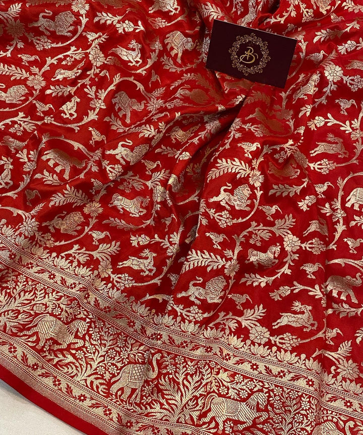 Red Banarasi Handloom Pure Katan Silk Saree - Aura Benaras