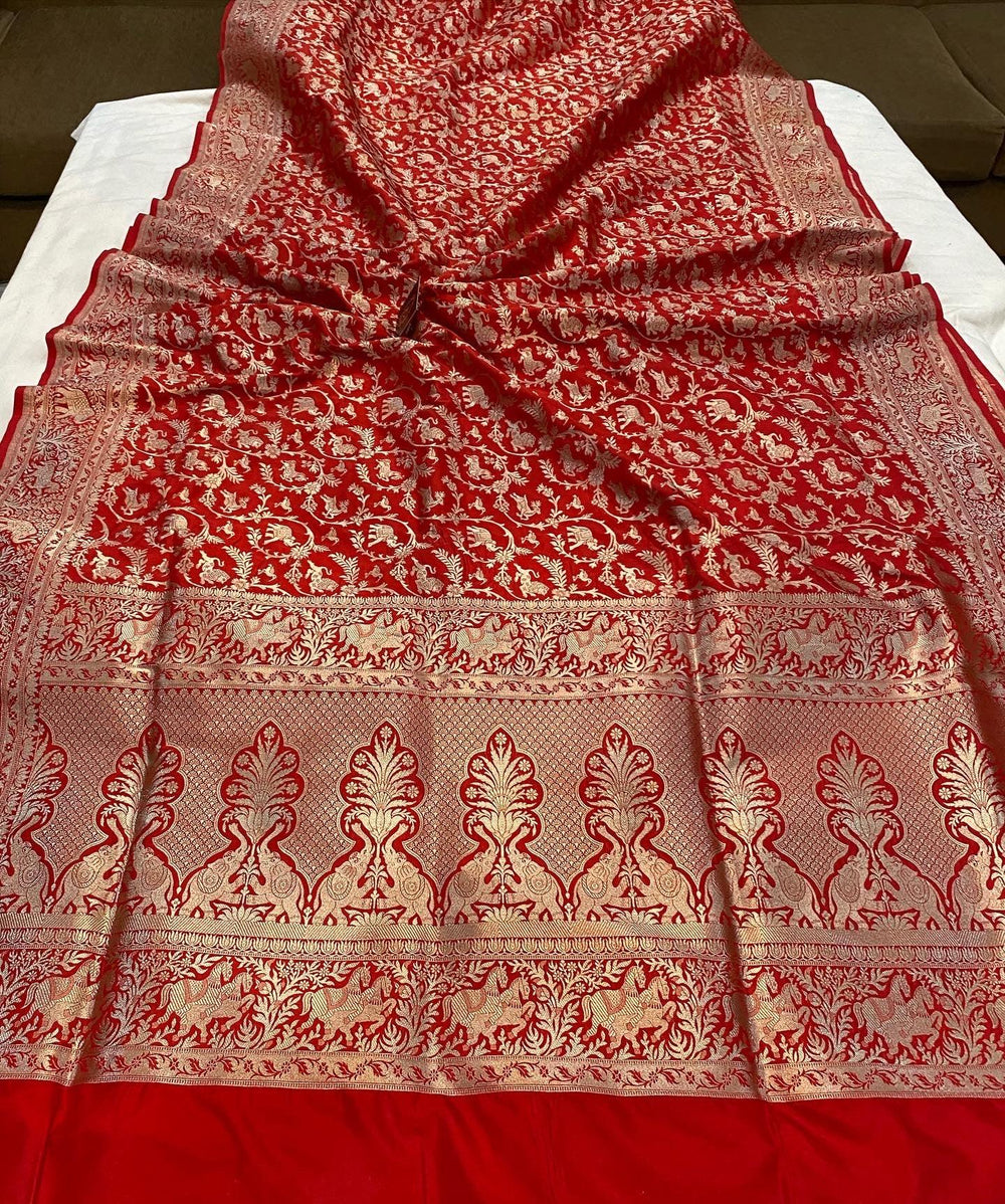 Red Banarasi Handloom Pure Katan Silk Saree - Aura Benaras