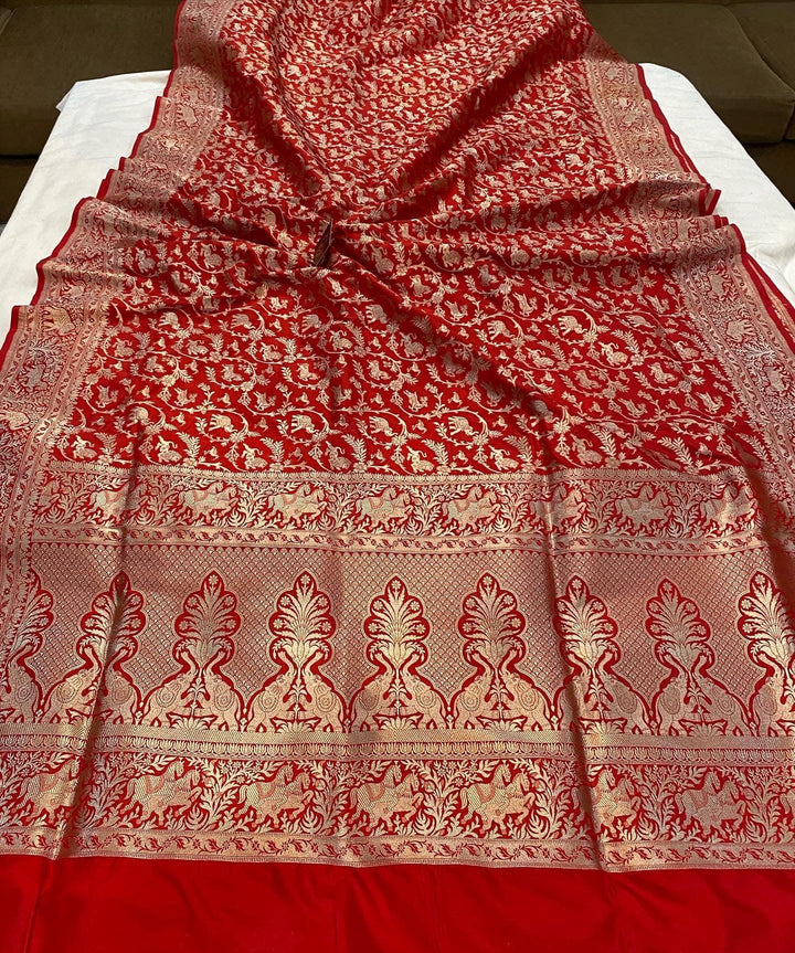 Red Banarasi Handloom Pure Katan Silk Saree - Aura Benaras