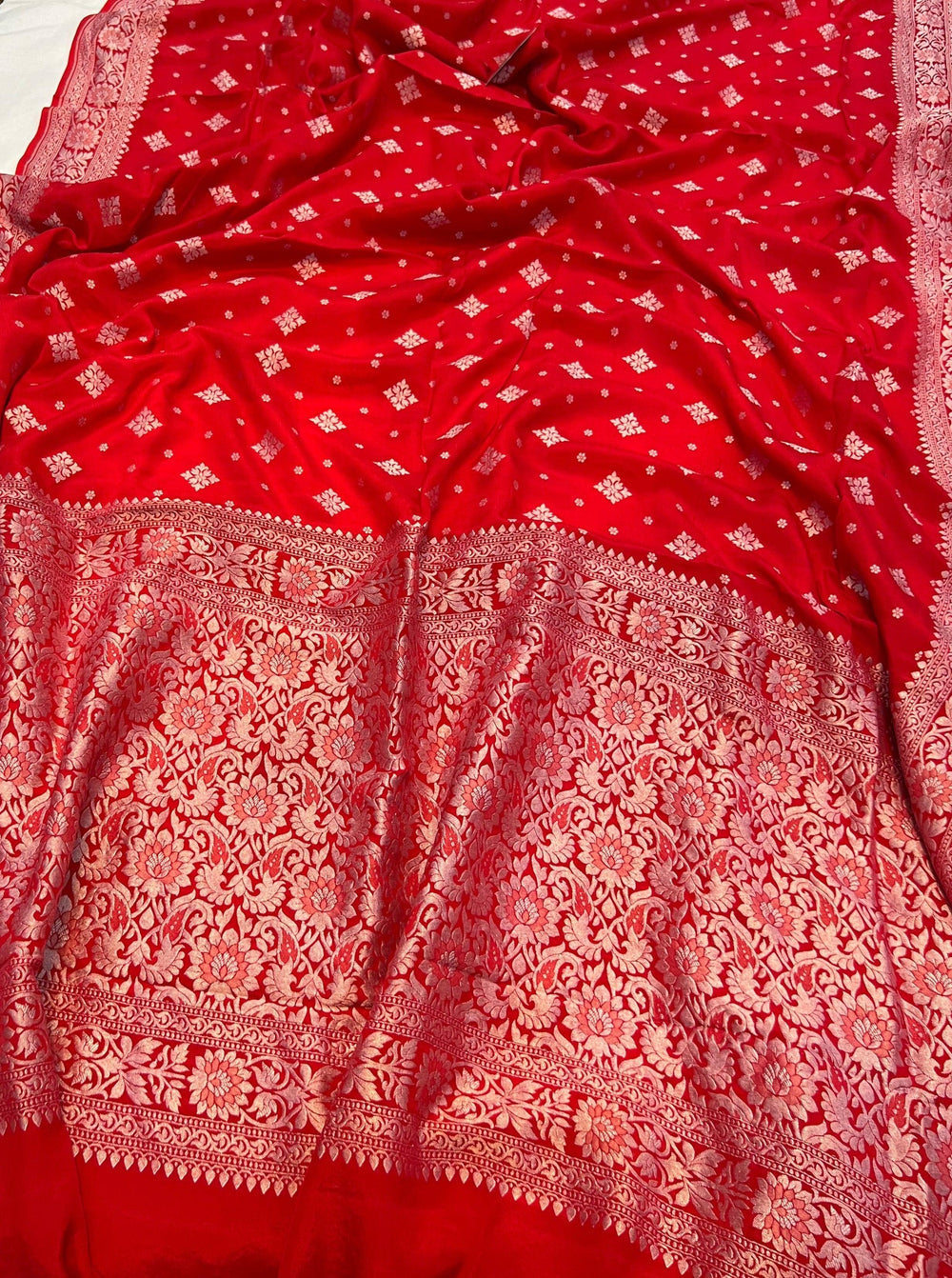 Cherry Red Pure Banarasi Khaddi Crepe Silk Saree - Aura Benaras