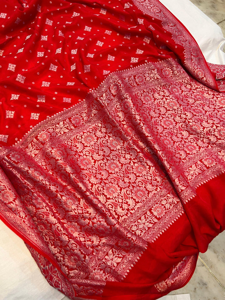 Cherry Red Pure Banarasi Khaddi Crepe Silk Saree - Aura Benaras