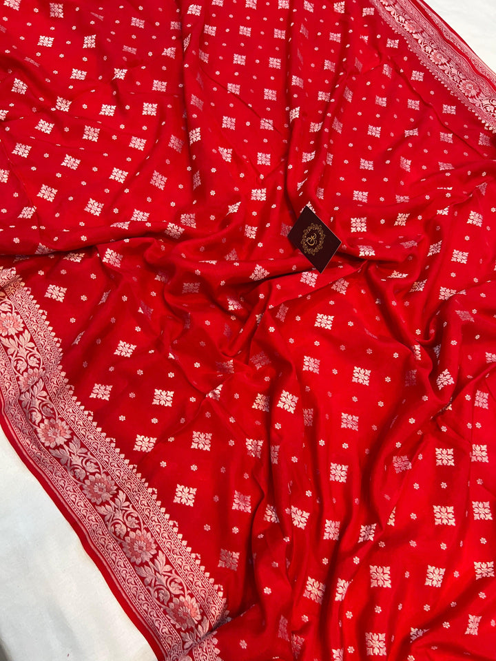 Cherry Red Pure Banarasi Khaddi Crepe Silk Saree - Aura Benaras