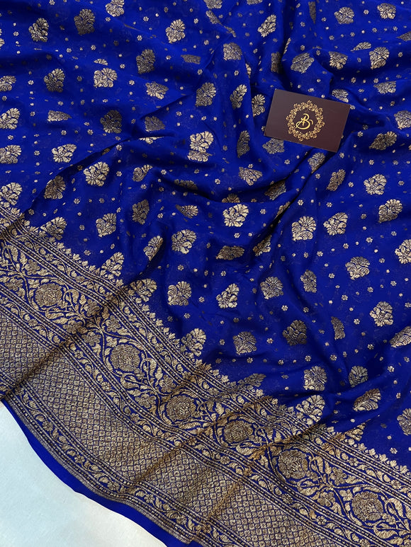 Royal Blue Khaddi Georgette Banarasi Handloom Saree - Aura Benaras