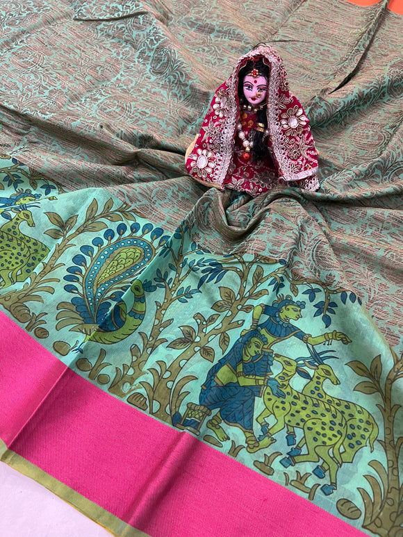 Green Banarasi Handloom Art Cotton Printed Saree- Aura Benaras