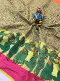 Yellowish Green Banarasi Handloom Art Cotton Printed Saree - Aura Benaras Budget saree