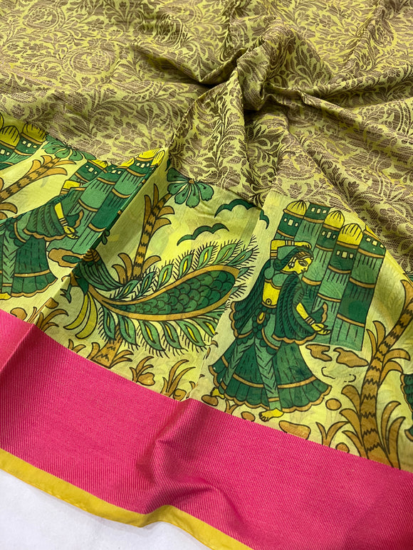 Pista Green Banarasi Handloom Art Cotton Printed Saree - Aura Benaras