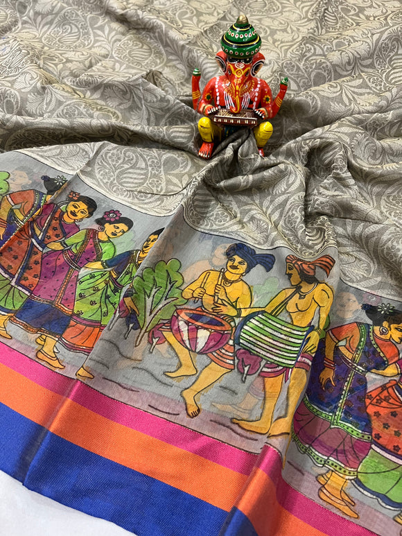 Grey Banarasi Handloom Art Cotton Printed Saree - Aura Benaras