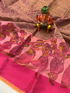 Peach Banarasi Handloom Art Cotton Printed Saree - Aura Benaras